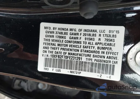 2015 Honda Civic Se из США, поврежденный, VIN 19XFB2F70FE231291